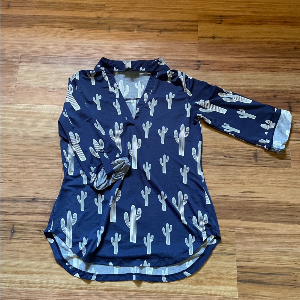 Navy Cactus Print Button-Up Shirt